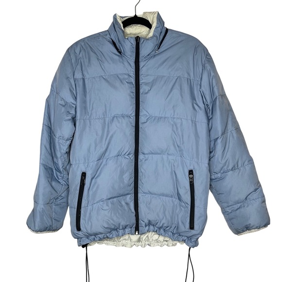 Lands' End Small Petite Down Coat Puffer Reversible MISSING Hood Sky Blue Cream - Picture 1 of 10